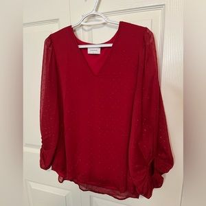Adrienne Sheer Sleeve V-neck Dot Blouse Red Size Small‎